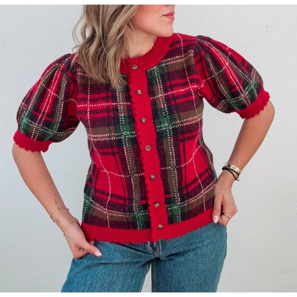Entro Size Large Red Plaid Puff Sleeve Cardigan Winter Holiday Preppy Chic